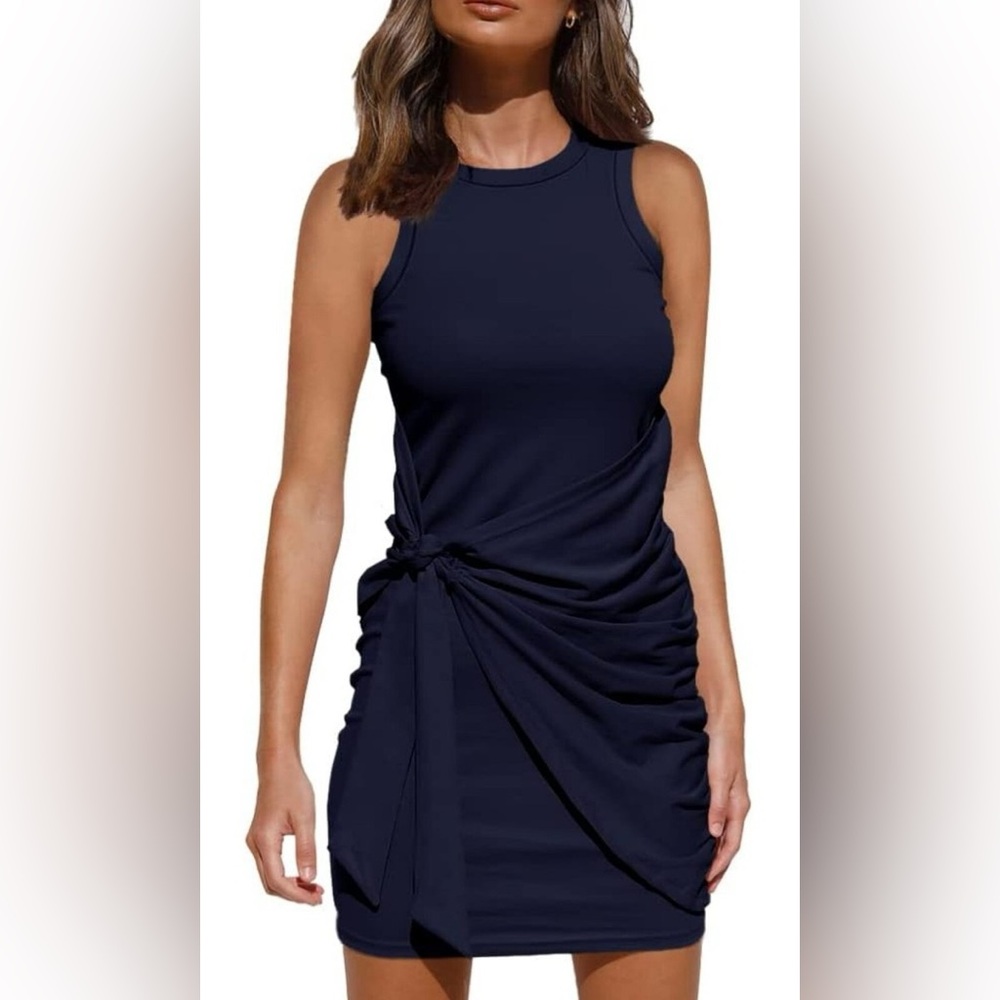Navy Sleeveless Ruched Bodycon Beach Tank Dress